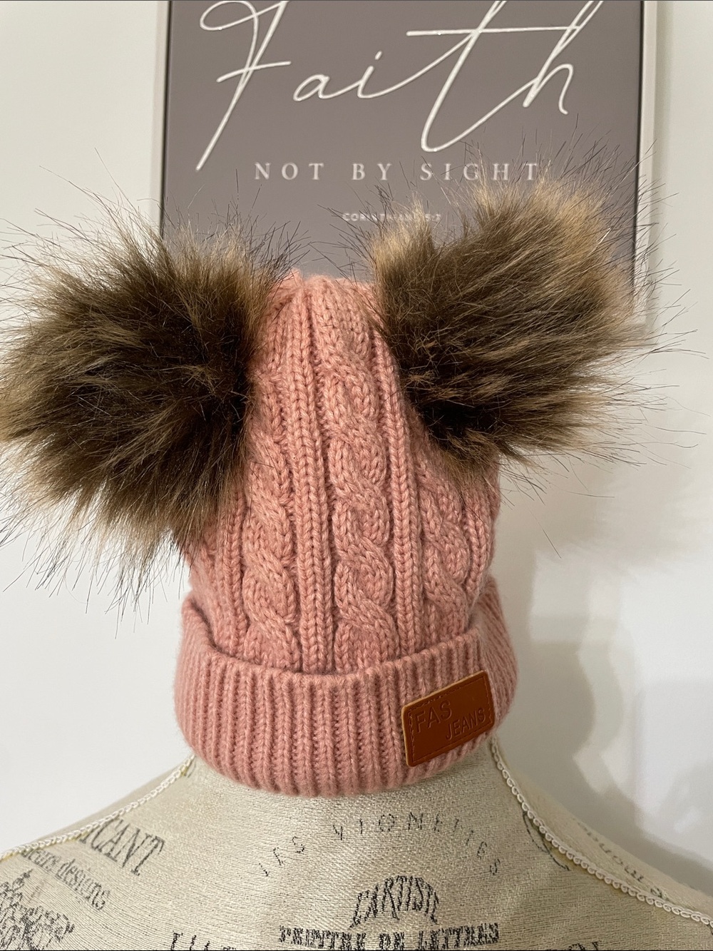 Kids Pink Cable-Knit Pom Beanie with Faux-Fur Poms